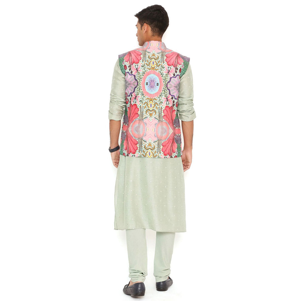 PS Men by Payal Singhal Print Nehru Jacket With Abla Silk Kurta & Silk Churidar (Set of 3)
