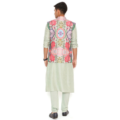 PS Men by Payal Singhal Print Nehru Jacket With Abla Silk Kurta & Silk Churidar (Set of 3)