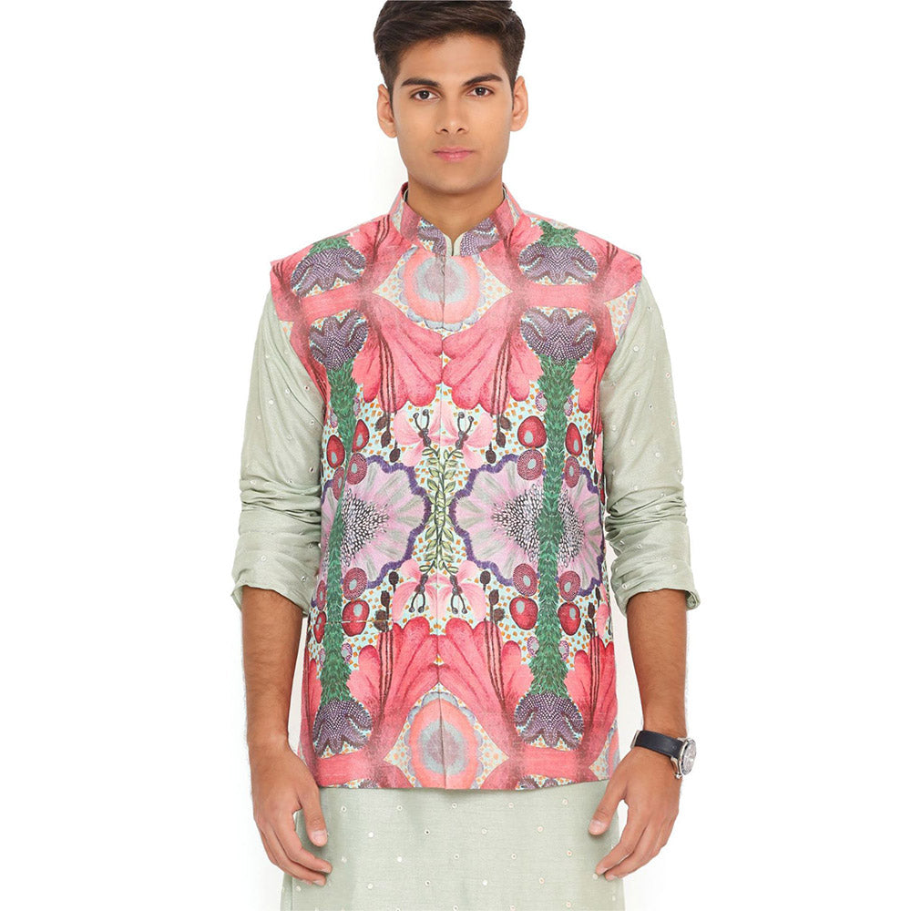PS Men by Payal Singhal Print Nehru Jacket With Abla Silk Kurta & Silk Churidar (Set of 3)