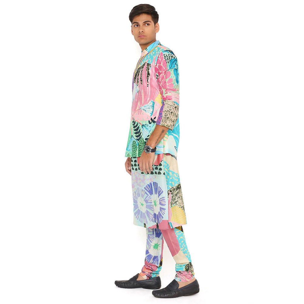 PS Men by Payal Singhal Tropical Print Nehru Jacket With Silkmul Kurta And Churidar (Set of 3)