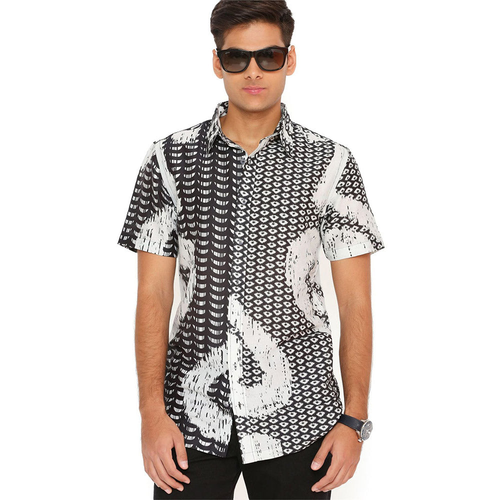 PS Men by Payal Singhal Black And White Uzbek Print Silkmul Shirt