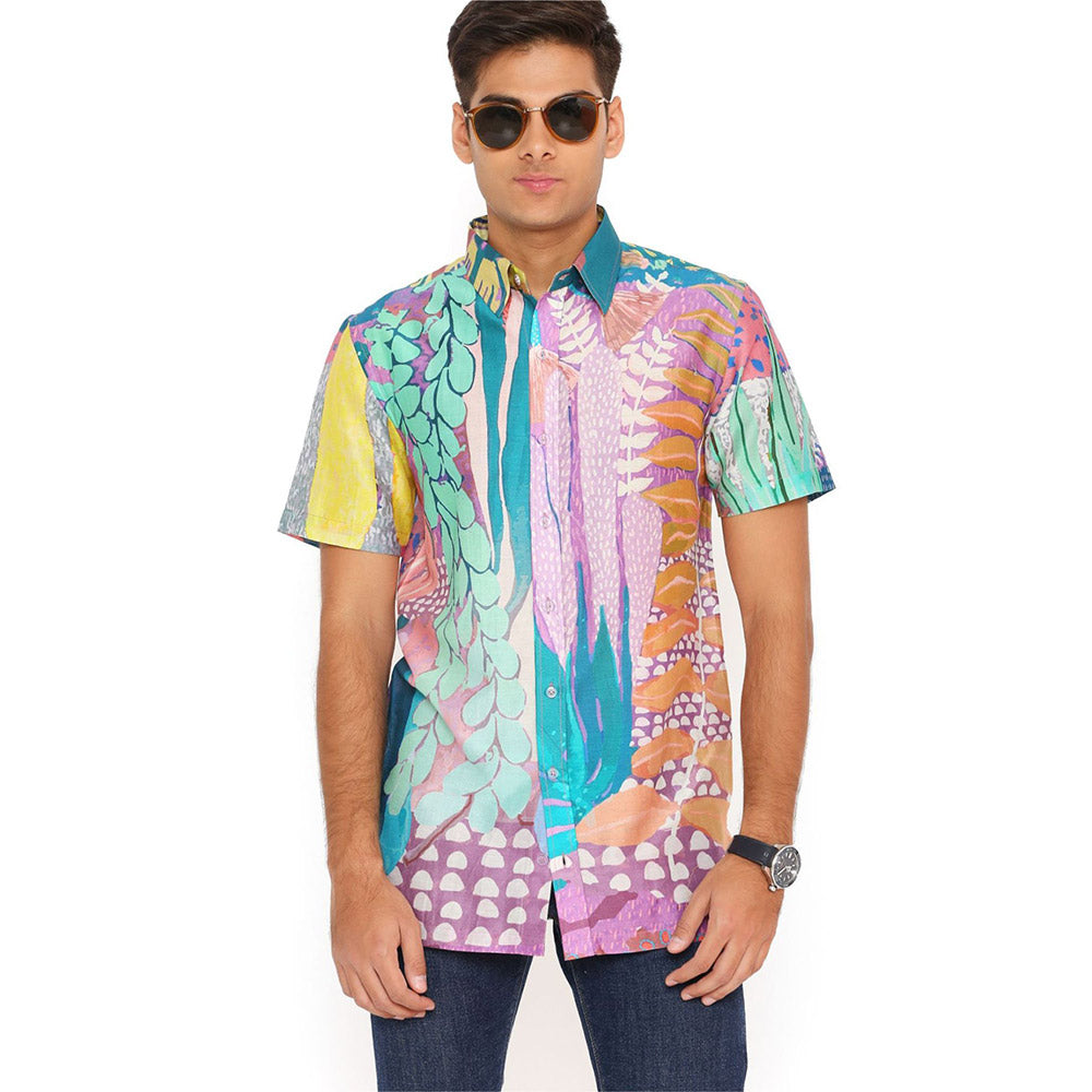 PS Men by Payal Singhal Purple Tropical Print Silkmul Shirt