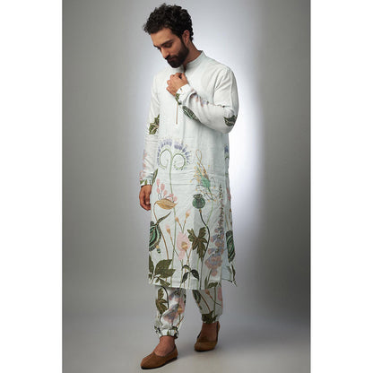 PS Men by Payal Singhal White Printed Linen Bomber Kurta with Pant (Set of 2)