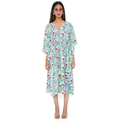 PS Pret by Payal Singhal Aqua Spring Floral Print Crepe Kaftan with Tassels