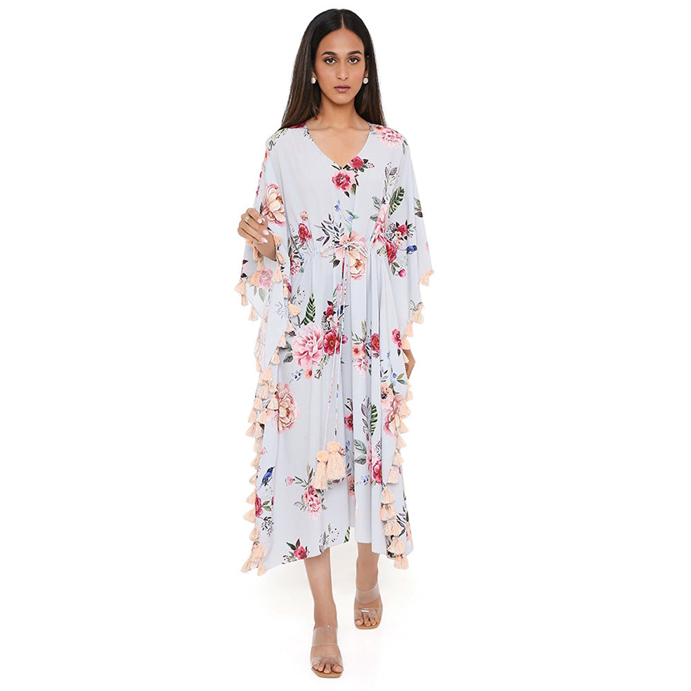 PS Pret by Payal Singhal Grey Gulabi Print Art Crepe Knee Length Kaftan with Tassels