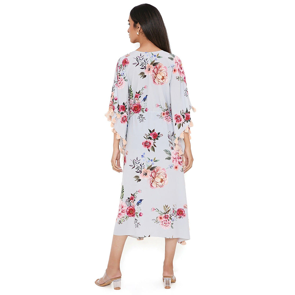 PS Pret by Payal Singhal Grey Gulabi Print Art Crepe Knee Length Kaftan with Tassels