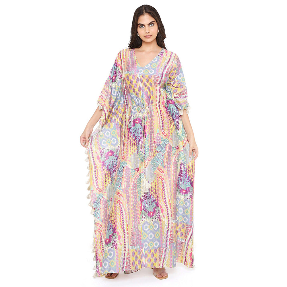 PS Pret by Payal Singhal Lime African Print Silkmul Kaftan with Tassels