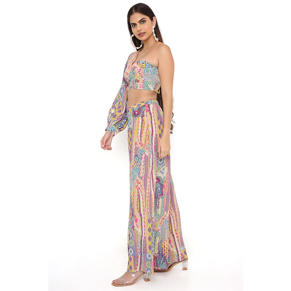 PS Pret by Payal Singhal Lime African Print Crepe One Shoulder Top with Palazzo (Set of 2)
