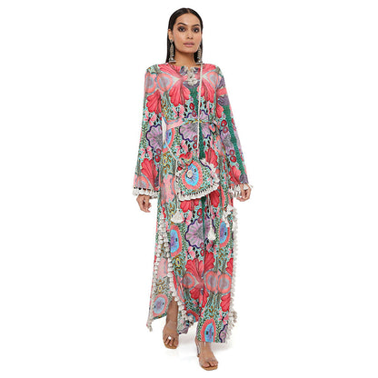 PS Pret by Payal Singhal Pink Enchanted Print Crepe Long Beyza Kaftan with a Belt (Set of 2)