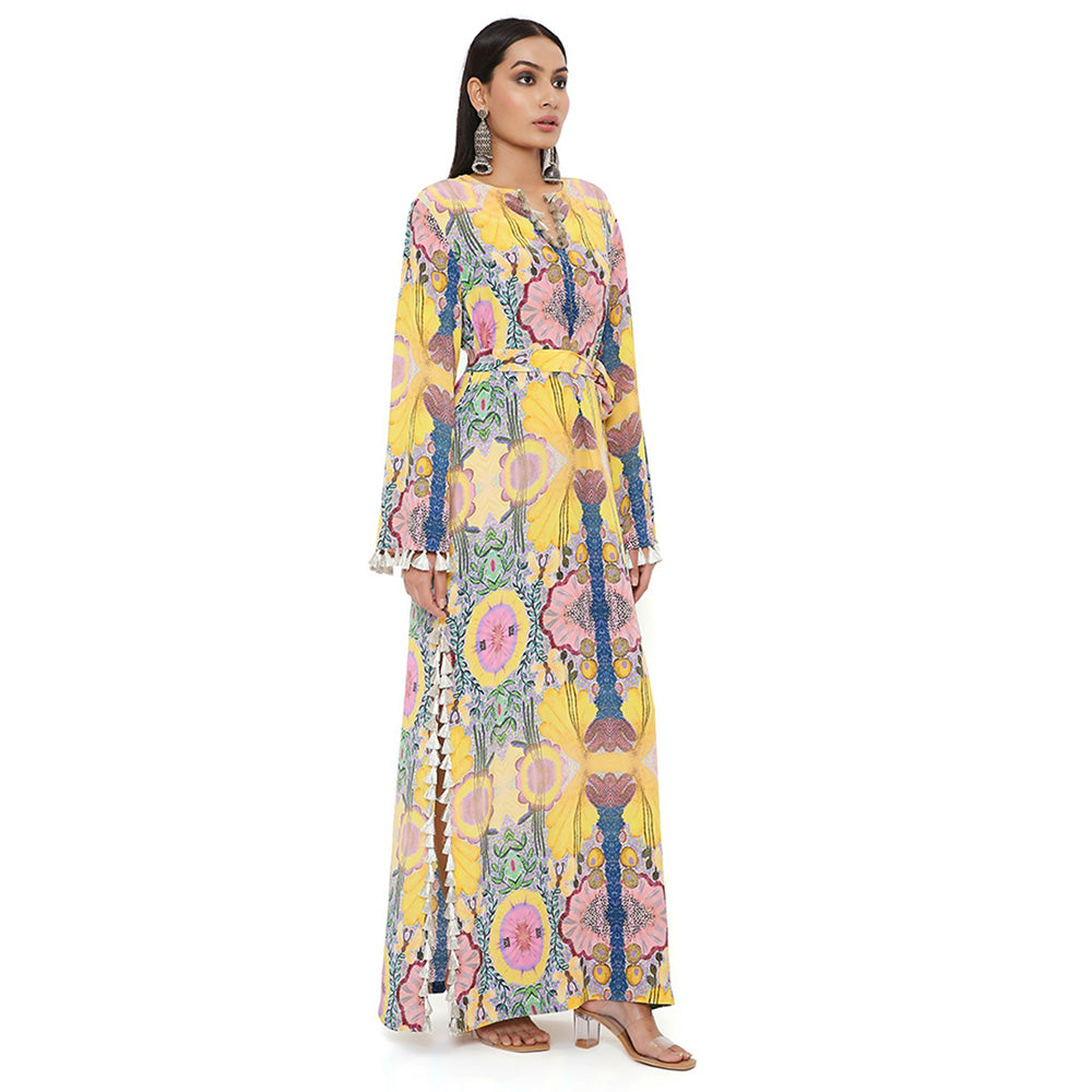 PS Pret by Payal Singhal Yellow Enchanted Print Crepe Long Beyza Kaftan with Belt (Set of 2)
