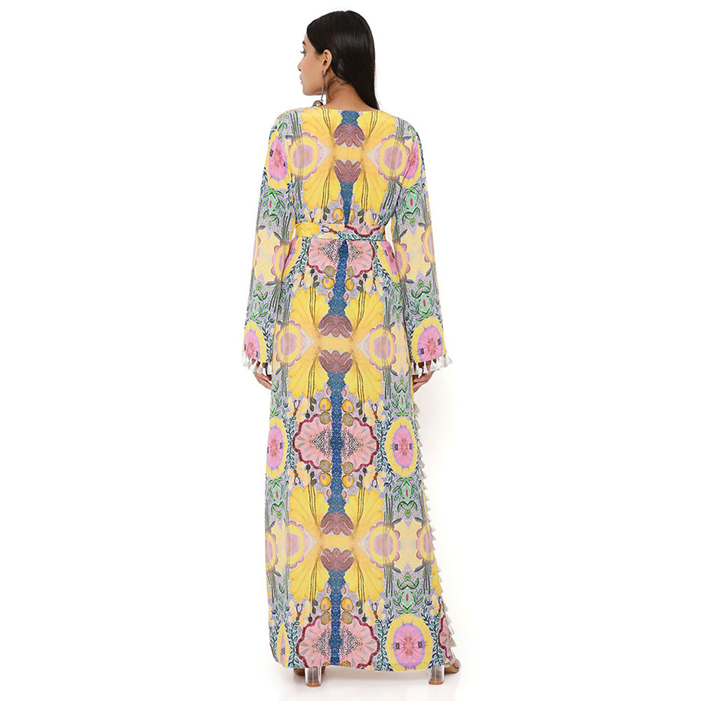 PS Pret by Payal Singhal Yellow Enchanted Print Crepe Long Beyza Kaftan with Belt (Set of 2)