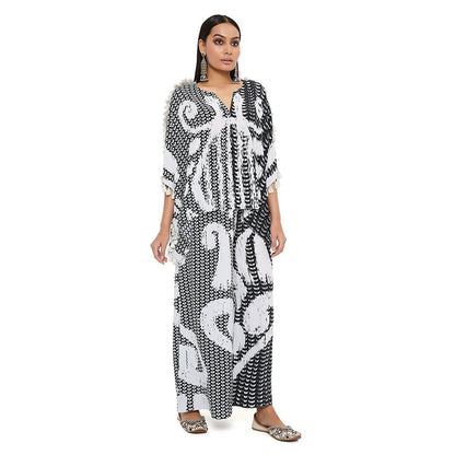 PS Pret by Payal Singhal Black and White Uzbek Print Crepe Kaftan with Palazzo (Set of 2)