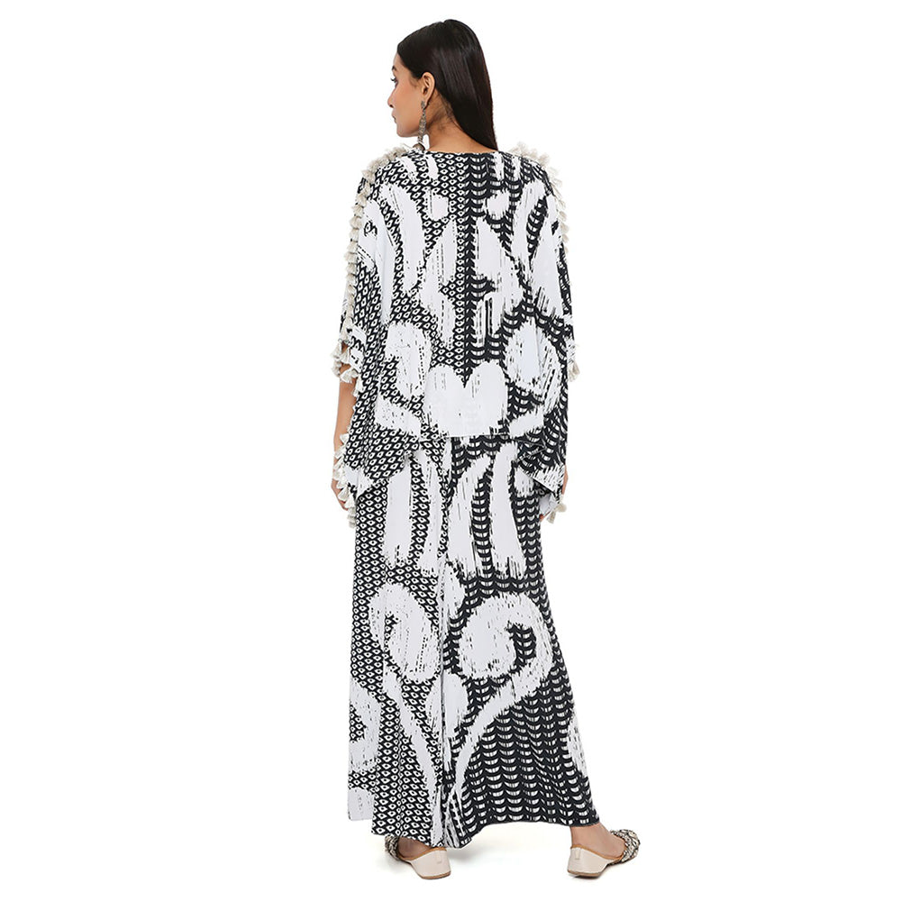 PS Pret by Payal Singhal Black and White Uzbek Print Crepe Kaftan with Palazzo (Set of 2)