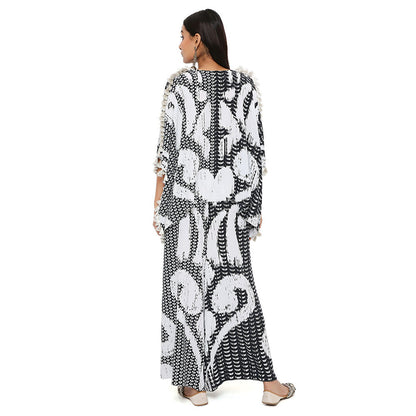 PS Pret by Payal Singhal Black and White Uzbek Print Crepe Kaftan with Palazzo (Set of 2)