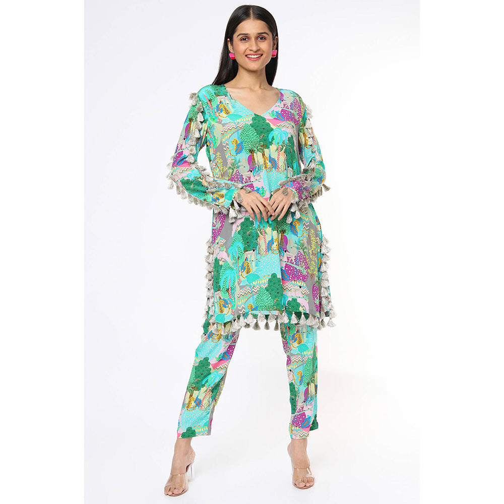 PS Pret by Payal Singhal Multi Color Kuno Print Crepe Kurta with Cigarette Pant (Set of 2)