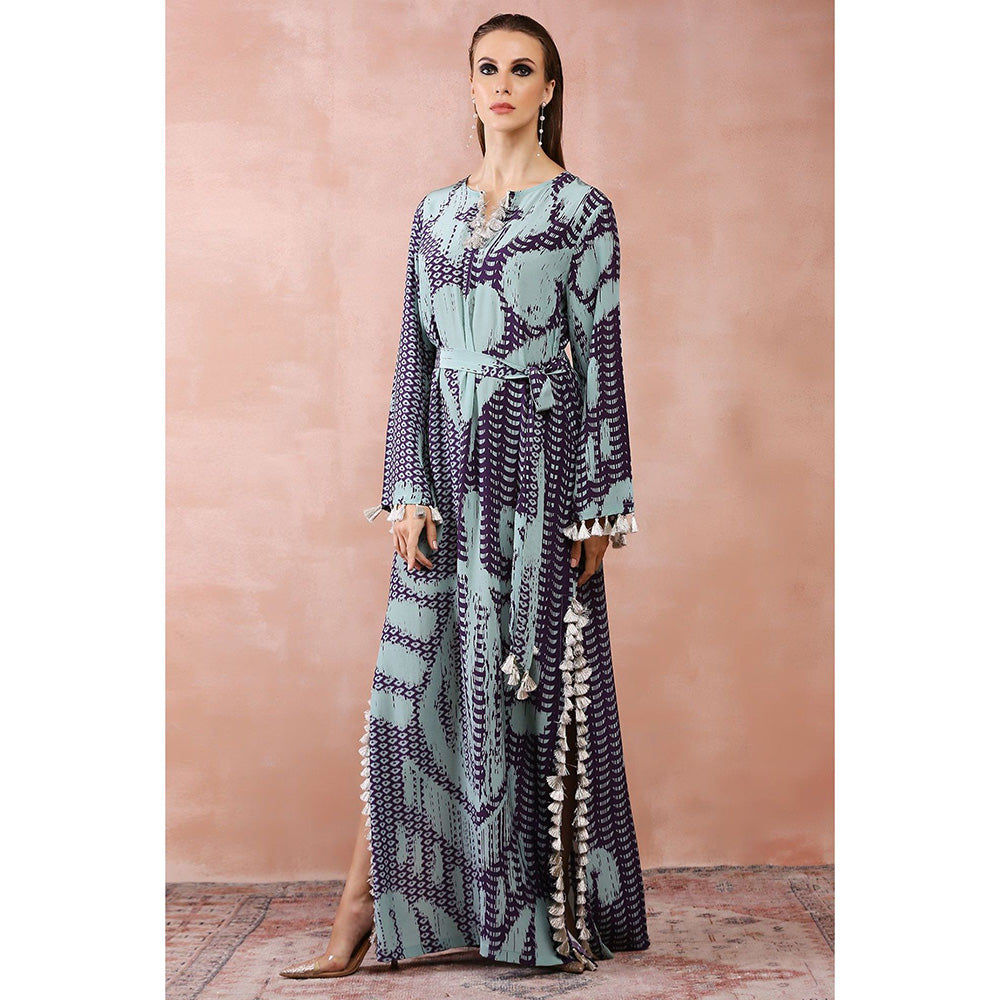 PS Pret by Payal Singhal Aqua & Purple Uzbek Print Maxi Dress with Belt (Set of 2)