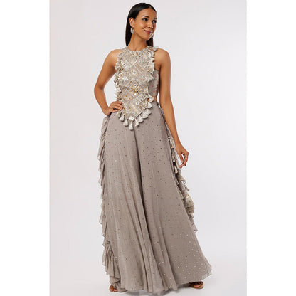 PS Pret by Payal Singhal Grey Embroidered Choli And Frill Sharara (Set of 2)