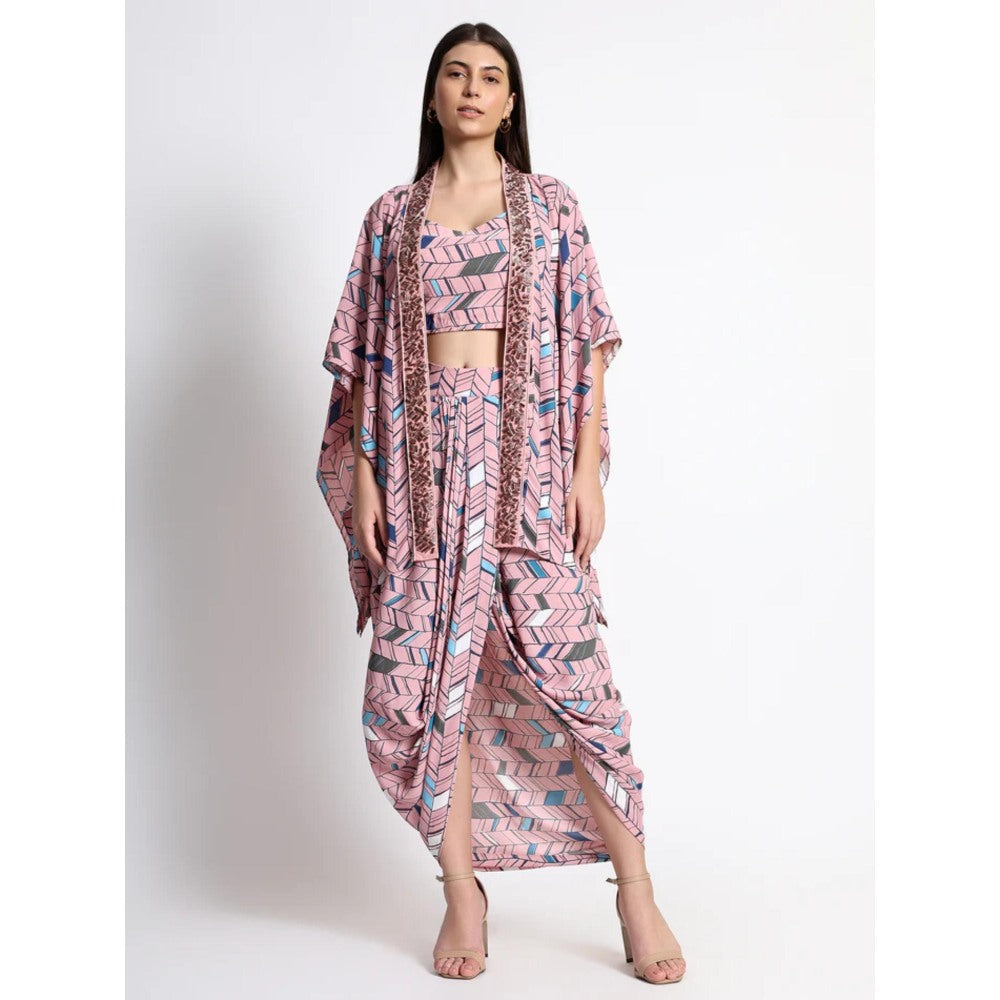 QAIYNAT Pink Chinon Printed Co-Ord (Set of 3)