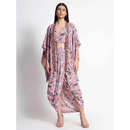 QAIYNAT Pink Chinon Printed Co-Ord (Set of 3)