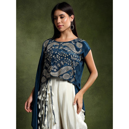 QAIYNAT Teal Crepe Hand Embroidered Top with Tulip Dhoti (Set of 2)