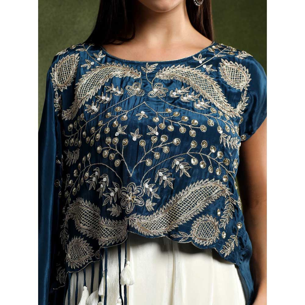 QAIYNAT Teal Crepe Hand Embroidered Top with Tulip Dhoti (Set of 2)
