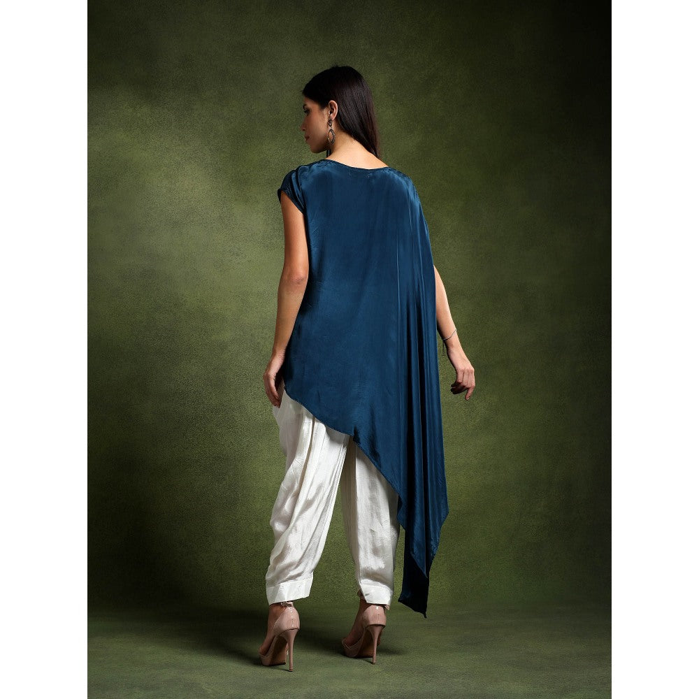 QAIYNAT Teal Crepe Hand Embroidered Top with Tulip Dhoti (Set of 2)