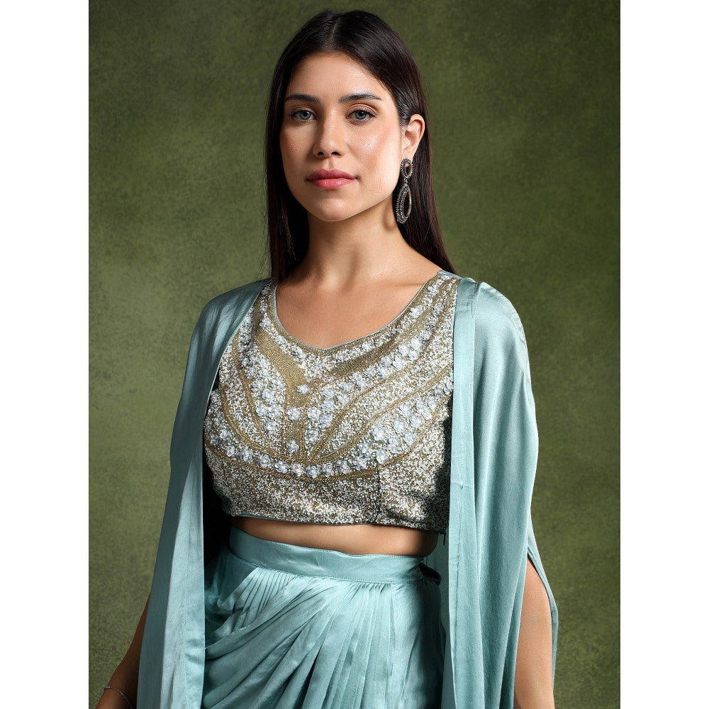 QAIYNAT Ice Blue Satin Embellished Blouse with Cowl Drape Skirt and Cape (Set of 3)