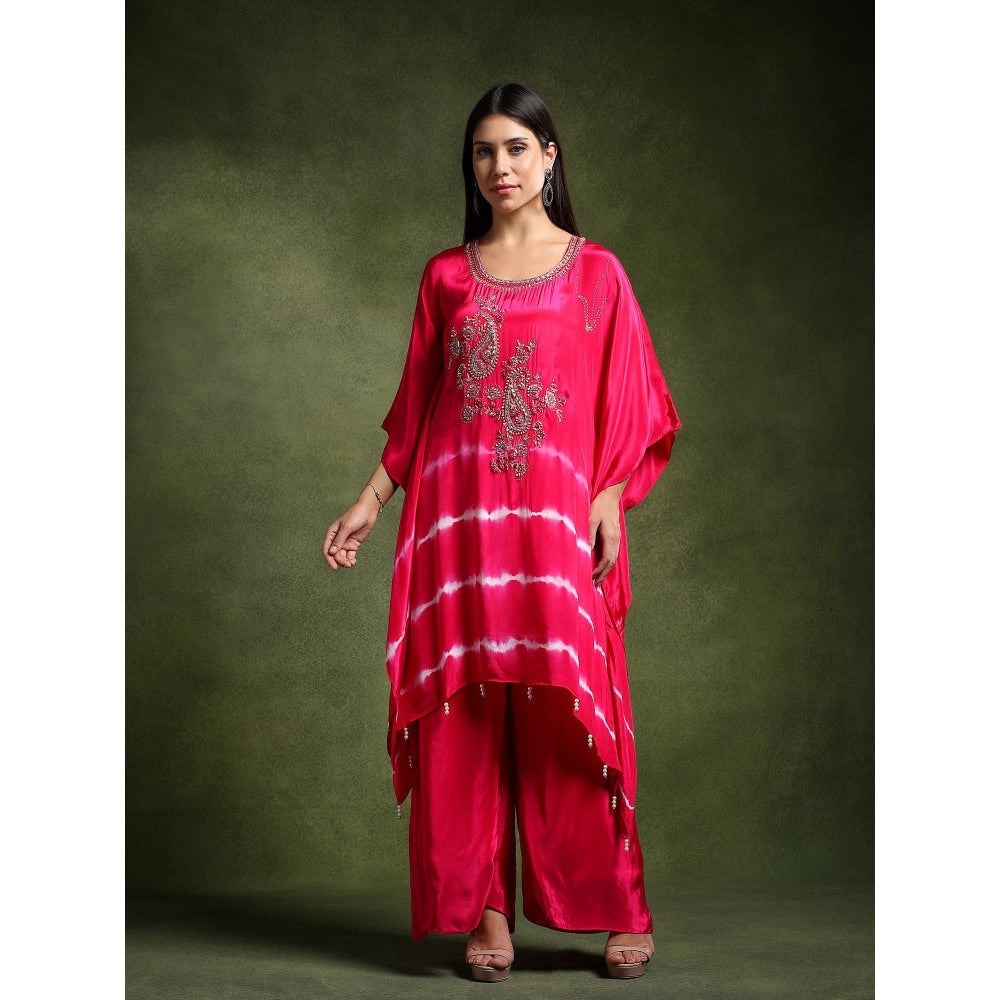 QAIYNAT Fuchsia Pink Crepe Hand Embroidered Batik Print Kaftan and Pant (Set of 2)