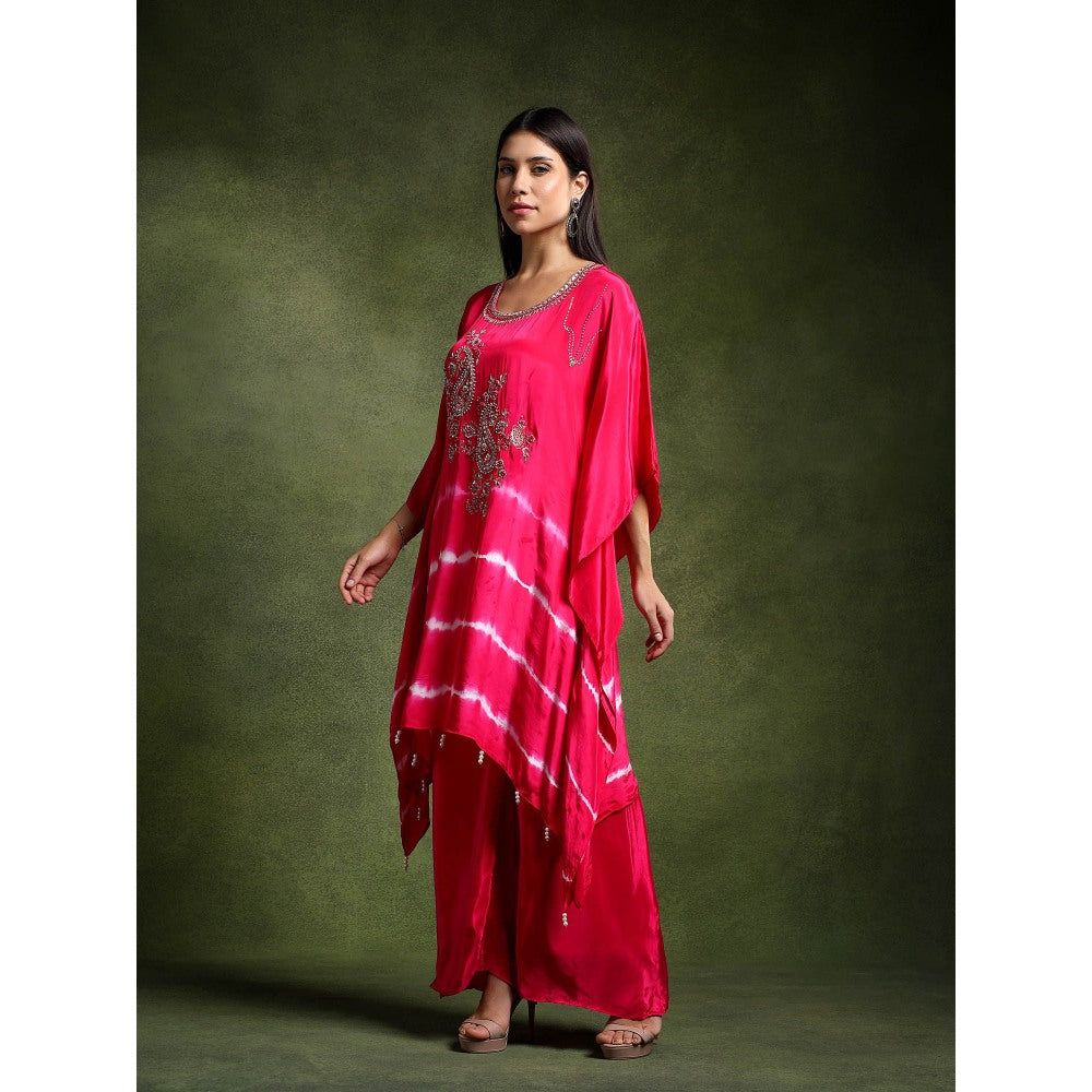 QAIYNAT Fuchsia Pink Crepe Hand Embroidered Batik Print Kaftan and Pant (Set of 2)