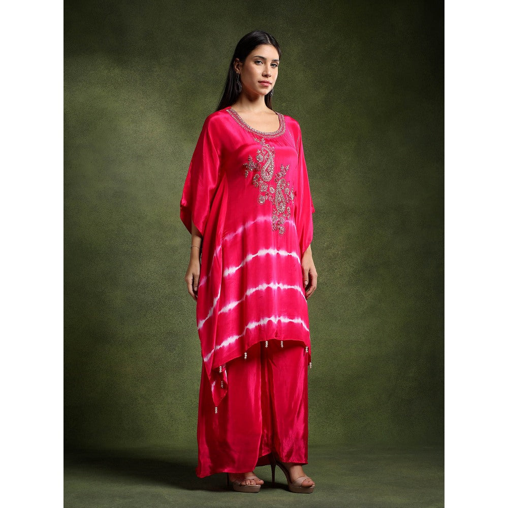 QAIYNAT Fuchsia Pink Crepe Hand Embroidered Batik Print Kaftan and Pant (Set of 2)