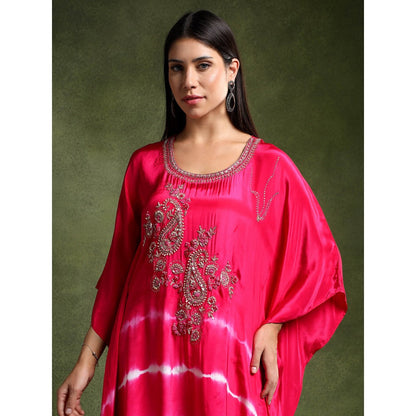 QAIYNAT Fuchsia Pink Crepe Hand Embroidered Batik Print Kaftan and Pant (Set of 2)