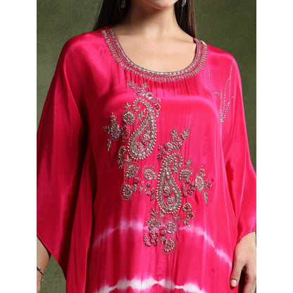QAIYNAT Fuchsia Pink Crepe Hand Embroidered Batik Print Kaftan and Pant (Set of 2)