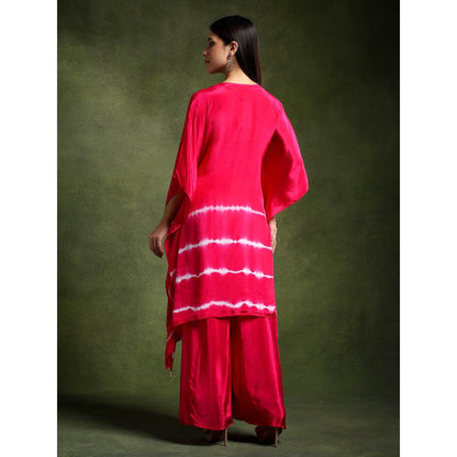 QAIYNAT Fuchsia Pink Crepe Hand Embroidered Batik Print Kaftan and Pant (Set of 2)