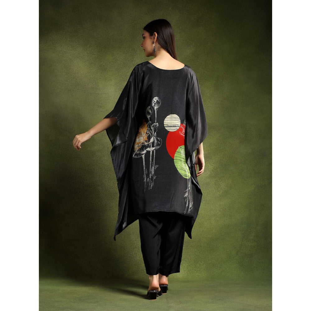 QAIYNAT Womens Printed Black Kaftan with Pant