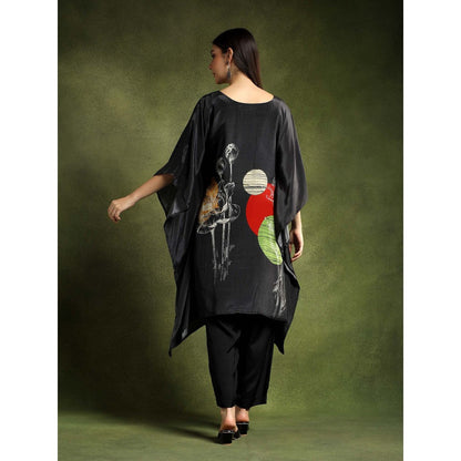 QAIYNAT Womens Printed Black Kaftan with Pant