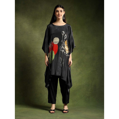 QAIYNAT Womens Printed Black Kaftan with Pant