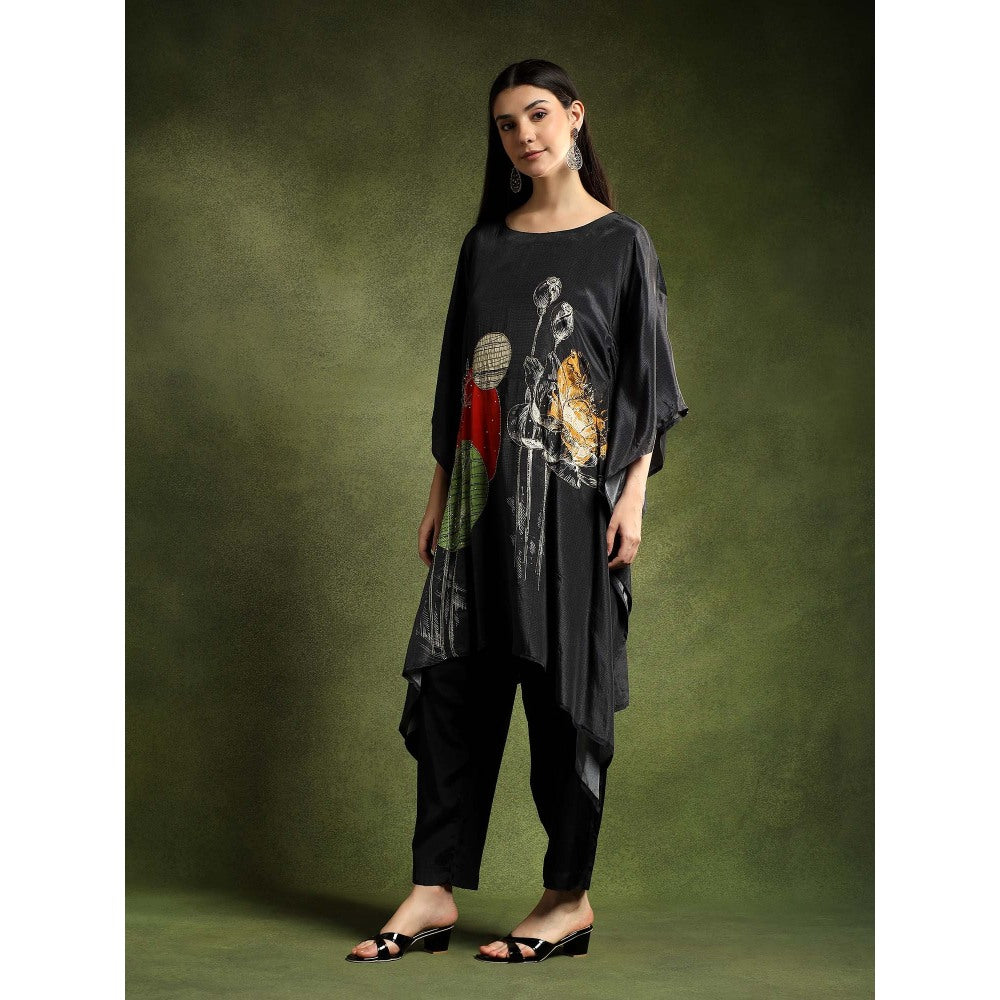 QAIYNAT Womens Printed Black Kaftan with Pant