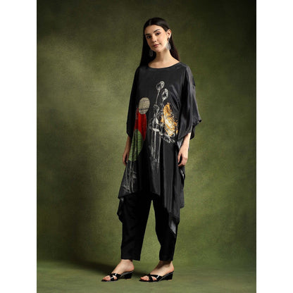 QAIYNAT Womens Printed Black Kaftan with Pant