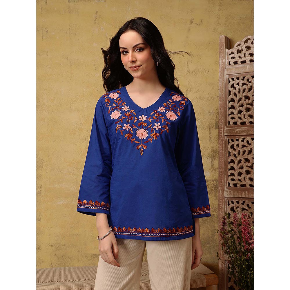 QAZMI Nafisa Pure Cotton Kashmiri Aari Work V-Neck Full Sleeves Kurti