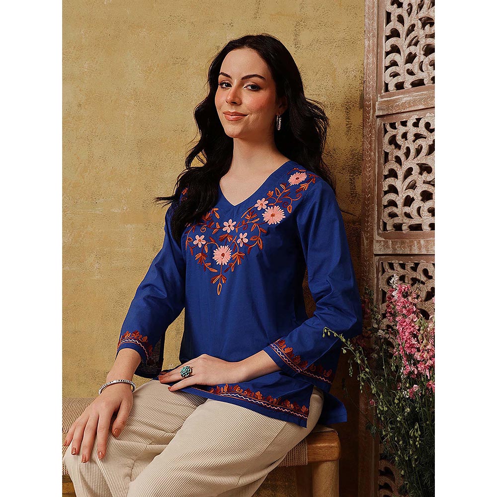 QAZMI Nafisa Pure Cotton Kashmiri Aari Work V-Neck Full Sleeves Kurti