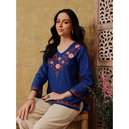 QAZMI Nafisa Pure Cotton Kashmiri Aari Work V-Neck Full Sleeves Kurti