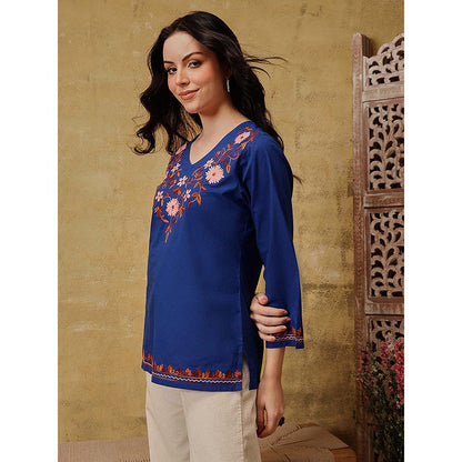 QAZMI Nafisa Pure Cotton Kashmiri Aari Work V-Neck Full Sleeves Kurti