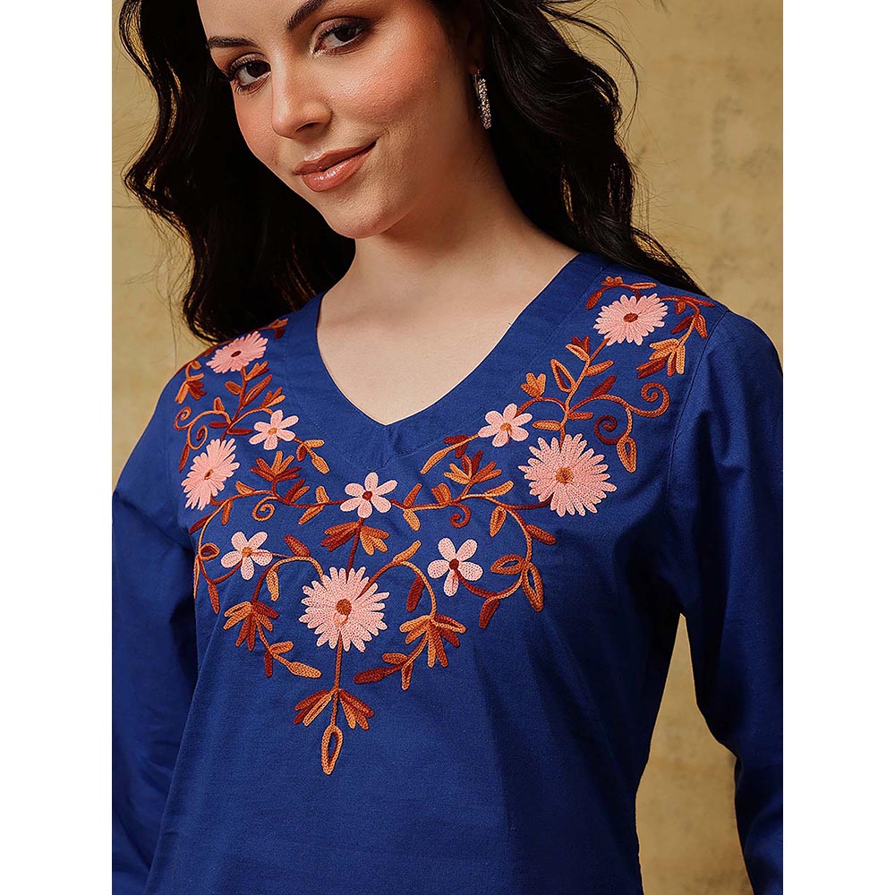QAZMI Nafisa Pure Cotton Kashmiri Aari Work V-Neck Full Sleeves Kurti