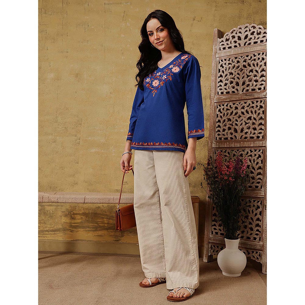 QAZMI Nafisa Pure Cotton Kashmiri Aari Work V-Neck Full Sleeves Kurti