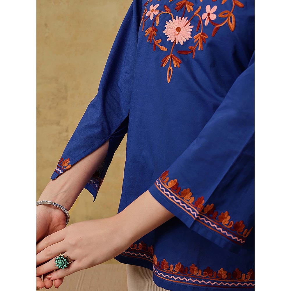 QAZMI Nafisa Pure Cotton Kashmiri Aari Work V-Neck Full Sleeves Kurti
