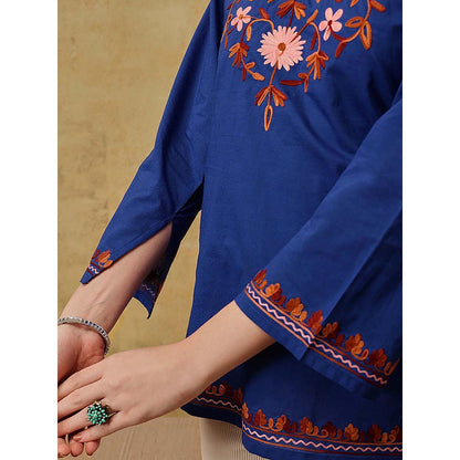 QAZMI Nafisa Pure Cotton Kashmiri Aari Work V-Neck Full Sleeves Kurti