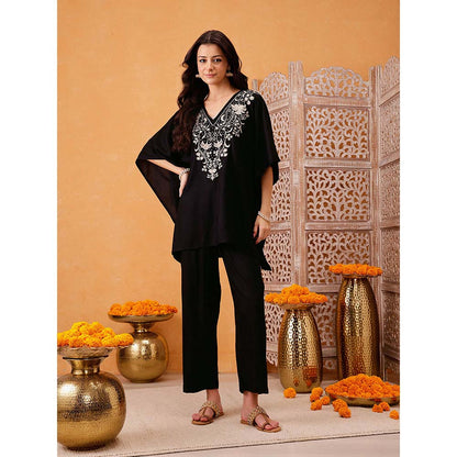 QAZMI Parvin Zari Work Viscose Rayon V-Neck Kaftan With Trouser