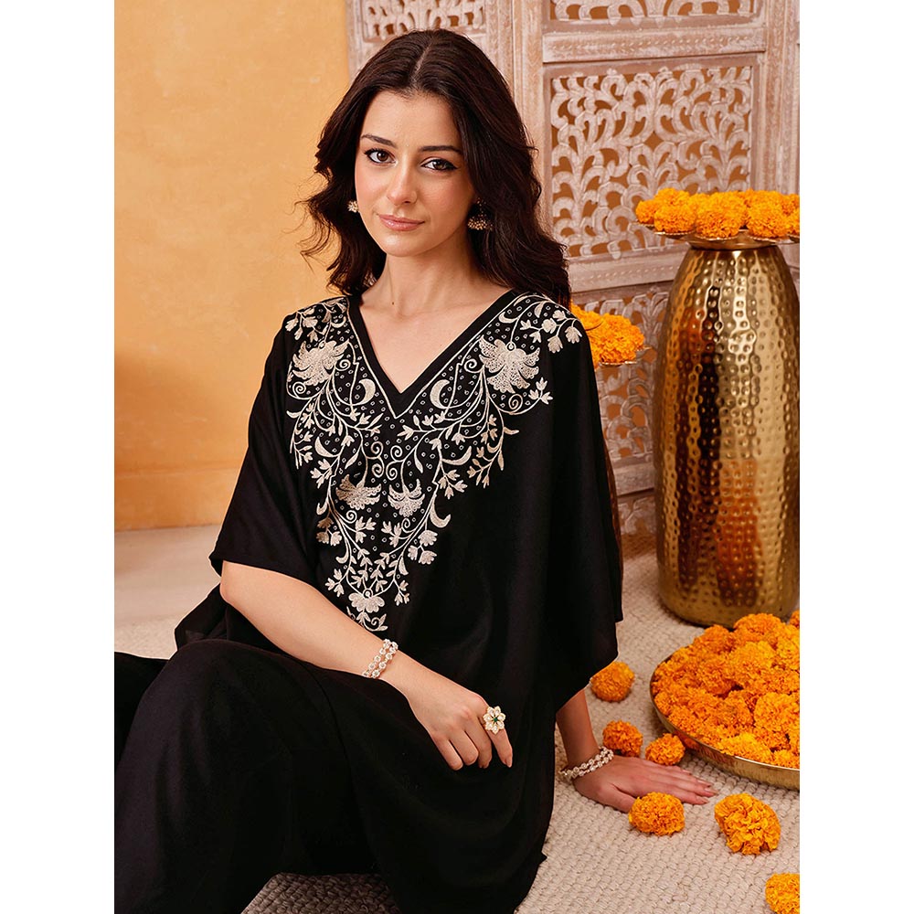 QAZMI Parvin Zari Work Viscose Rayon V-Neck Kaftan With Trouser