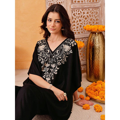QAZMI Parvin Zari Work Viscose Rayon V-Neck Kaftan With Trouser