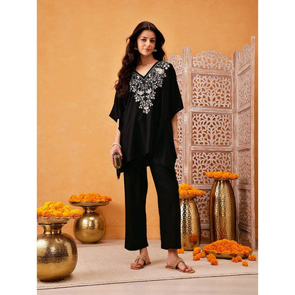 QAZMI Parvin Zari Work Viscose Rayon V-Neck Kaftan With Trouser